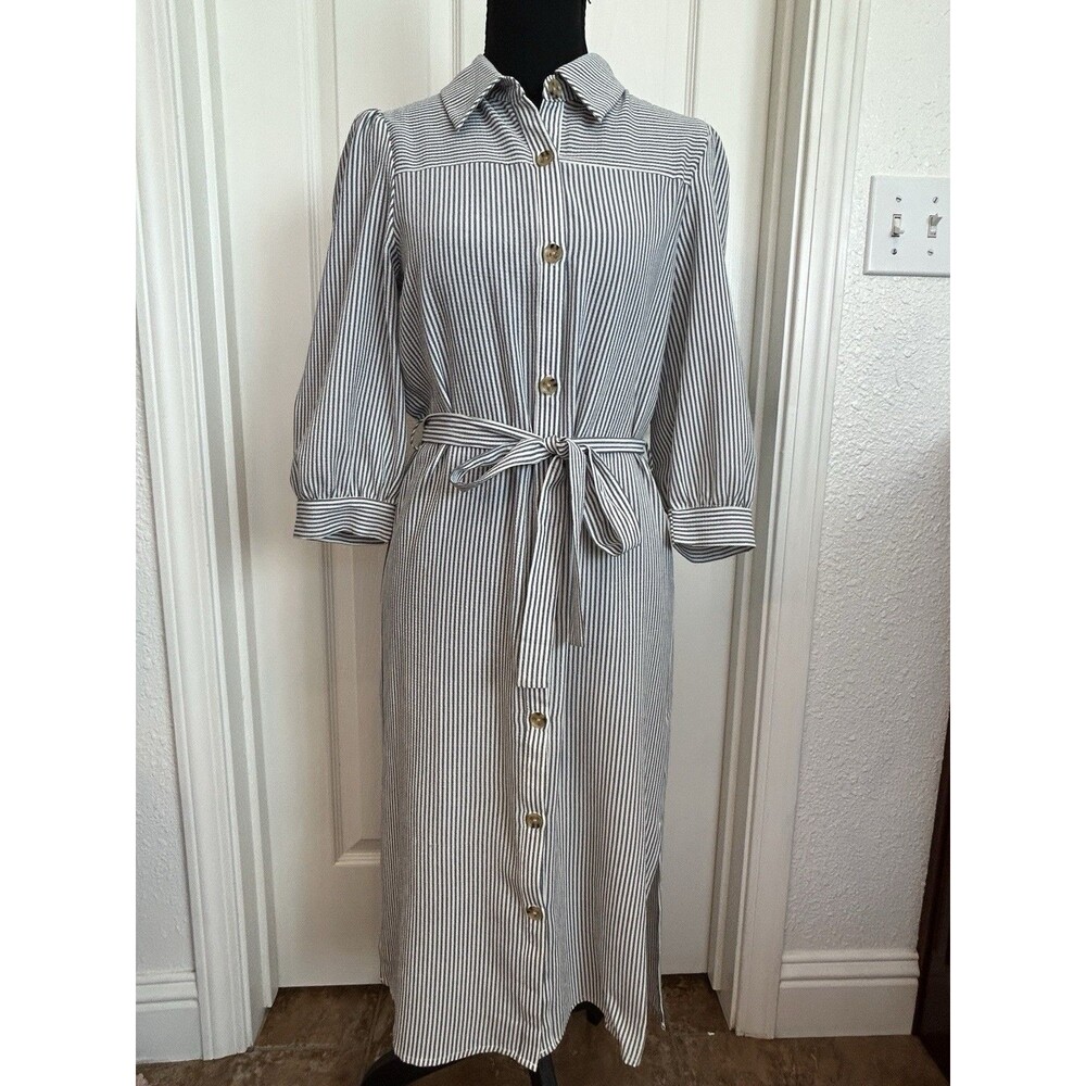 Monteau Los Angeles Women’s Dress Small Blue White Striped Print Tie Waist